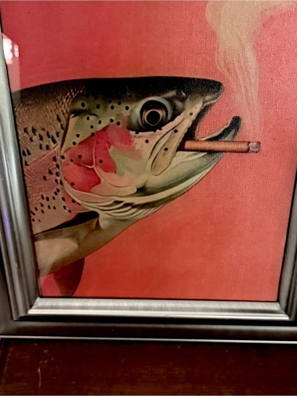 Trout Fish Smoking a Cigarette Vintage Style Canvas Wall Art Print Silver Framed
